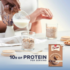 Bob's Red Mill Overnight Protein Oat Packets ready-to-eat oats served in a glass jar.