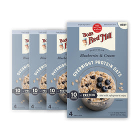 Bob's Red Mill Overnight Protein Oats packaging shows gluten-free, high-protein oats