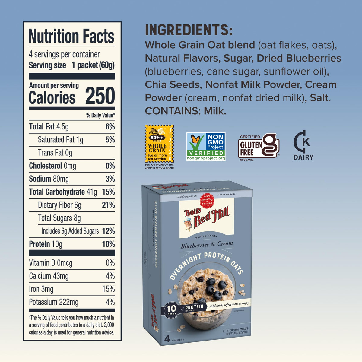 Bob's Red Mill box with four packets for convenient mornings