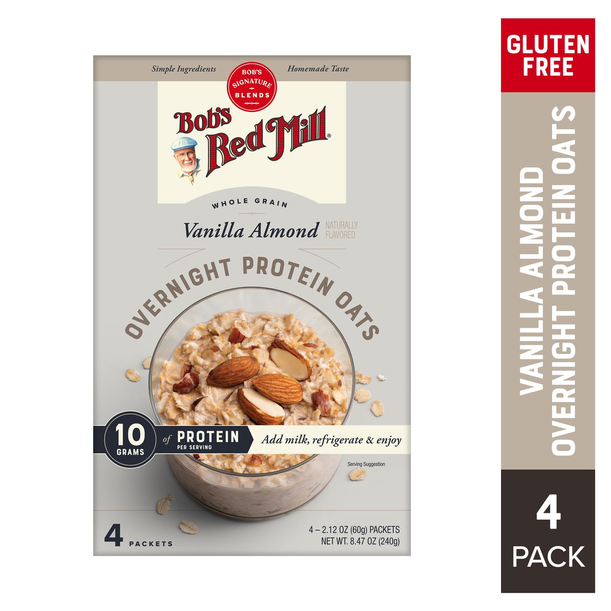 Box of four Vanilla Almond Overnight Protein Oats packets from Bob's Red Mill