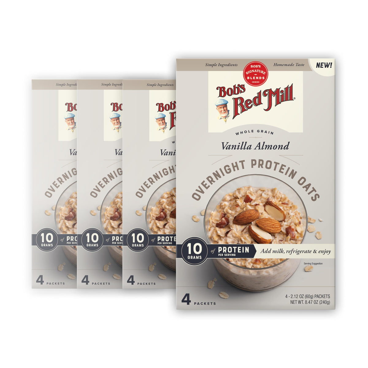 Bob's Red Mill Overnight Protein Oats Vanilla Almond packet ready to mix for a protein-packed breakfast