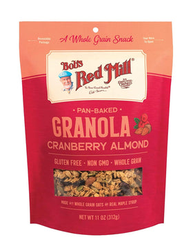 Bob's Red Mill Pan-Baked Granola Cranberry Almond clusters offer a wholesome snack.