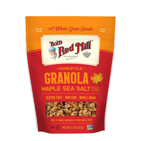 Bob's Red Mill pan-baked granola maple sea salt in a bowl with yogurt for a quick breakfast.