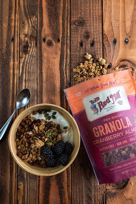 Bob's Red Mill granola visible with oats and nuts in a bowl.