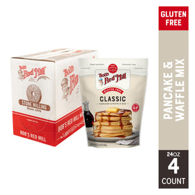 Bob's Red Mill pancake mix being poured into a bowl for quick batter.