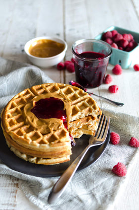 Pancake stack with syrup and toppings showing serving versatility.