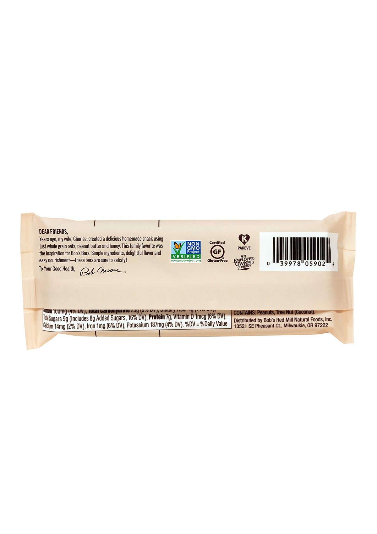 Bob's Red Mill nutrition panel shows fiber content and gluten-free certification.