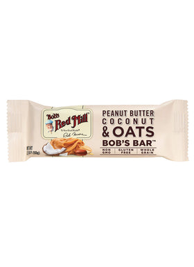 Bob's Red Mill peanut butter coconut oats bar packaging showcases a gluten-free, kosher snack.