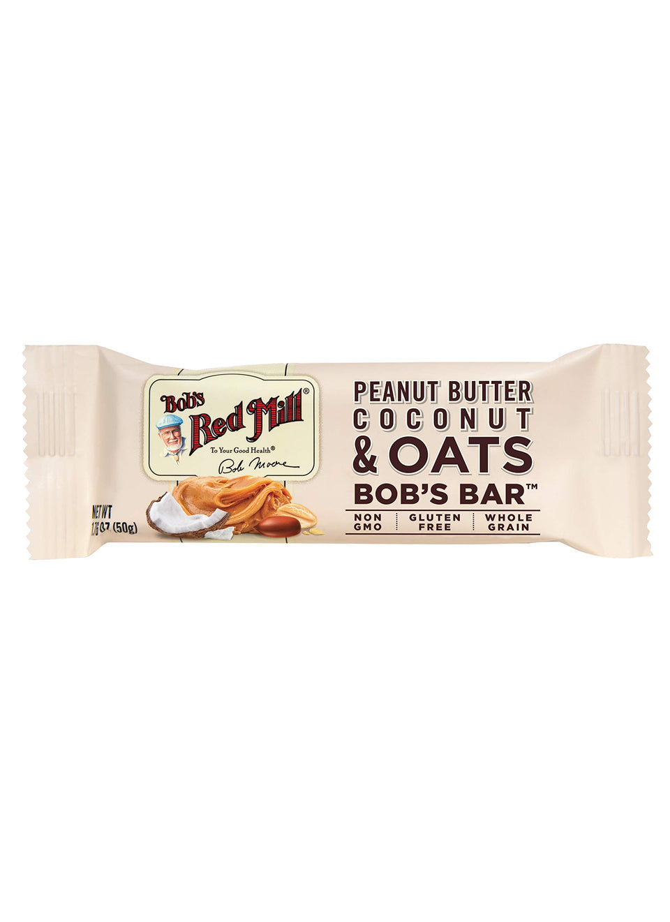 Bob's Red Mill peanut butter coconut oats bar packaging showcases a gluten-free, kosher snack.
