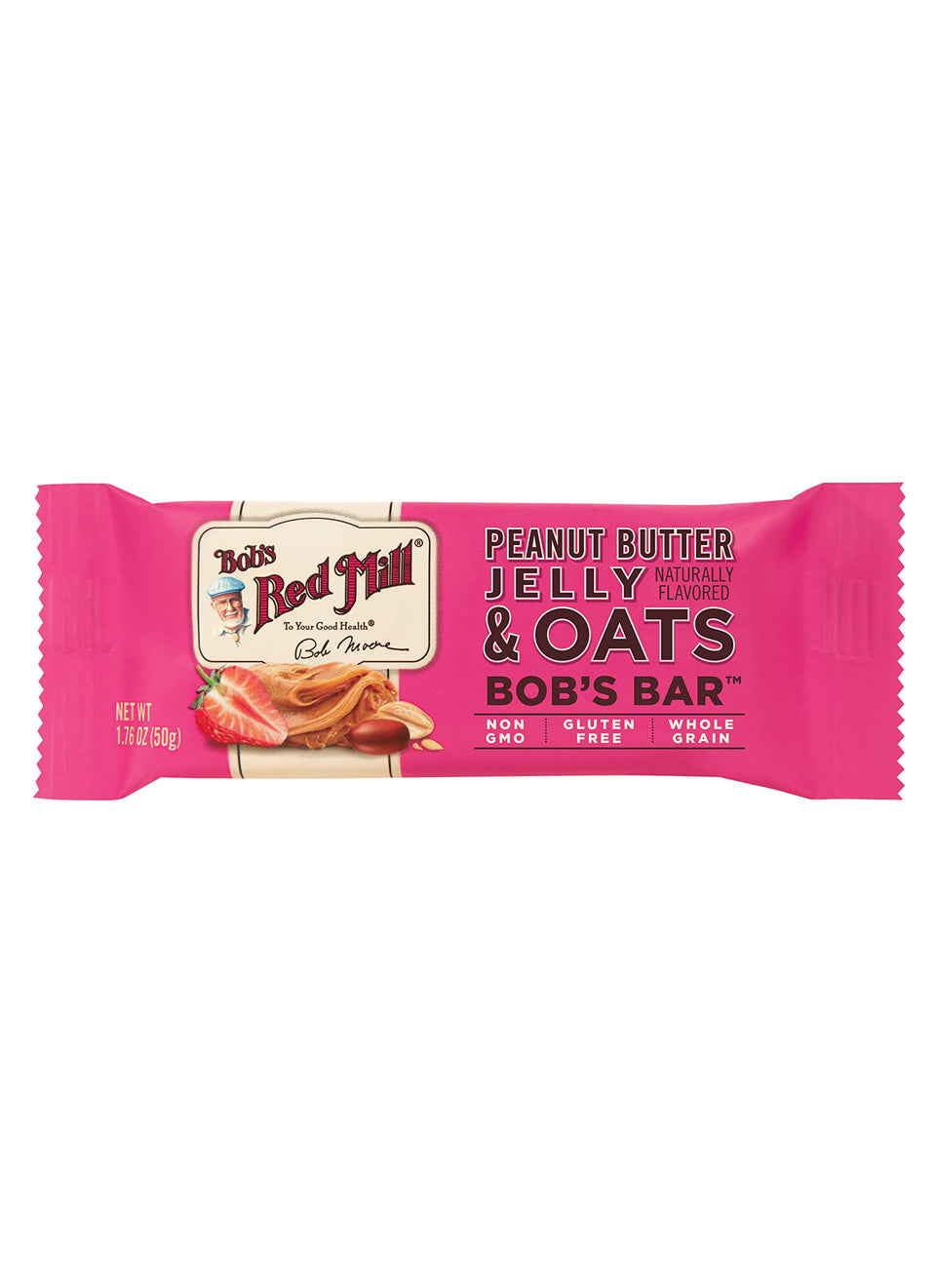 Bob's Red Mill Peanut Butter Jelly & Oats Bar pack front, ready-to-grab snack