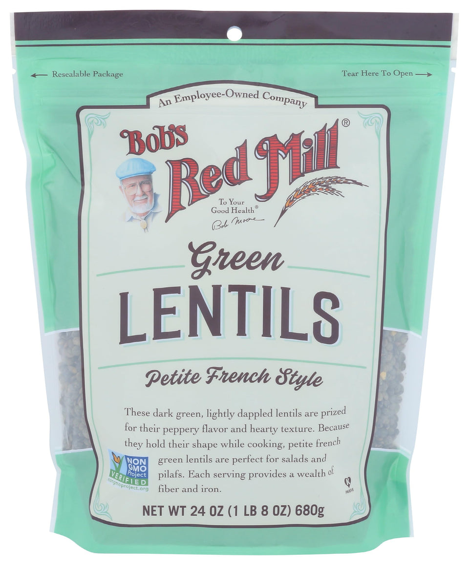 Bob's Red Mill Petite French Green Lentils bag for quick weeknight meals.
