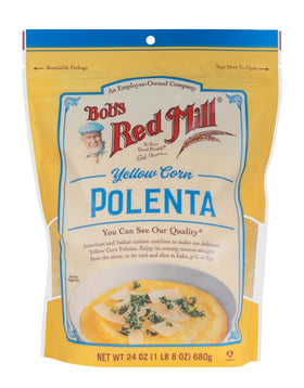 Bob's Red Mill polenta cooking pot image highlights quick prep under 10 minutes