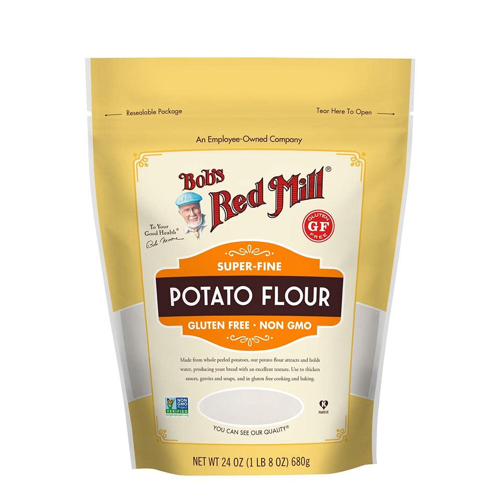 Bob's Red Mill gluten free potato flour bag closeup for gluten-free baking readiness.