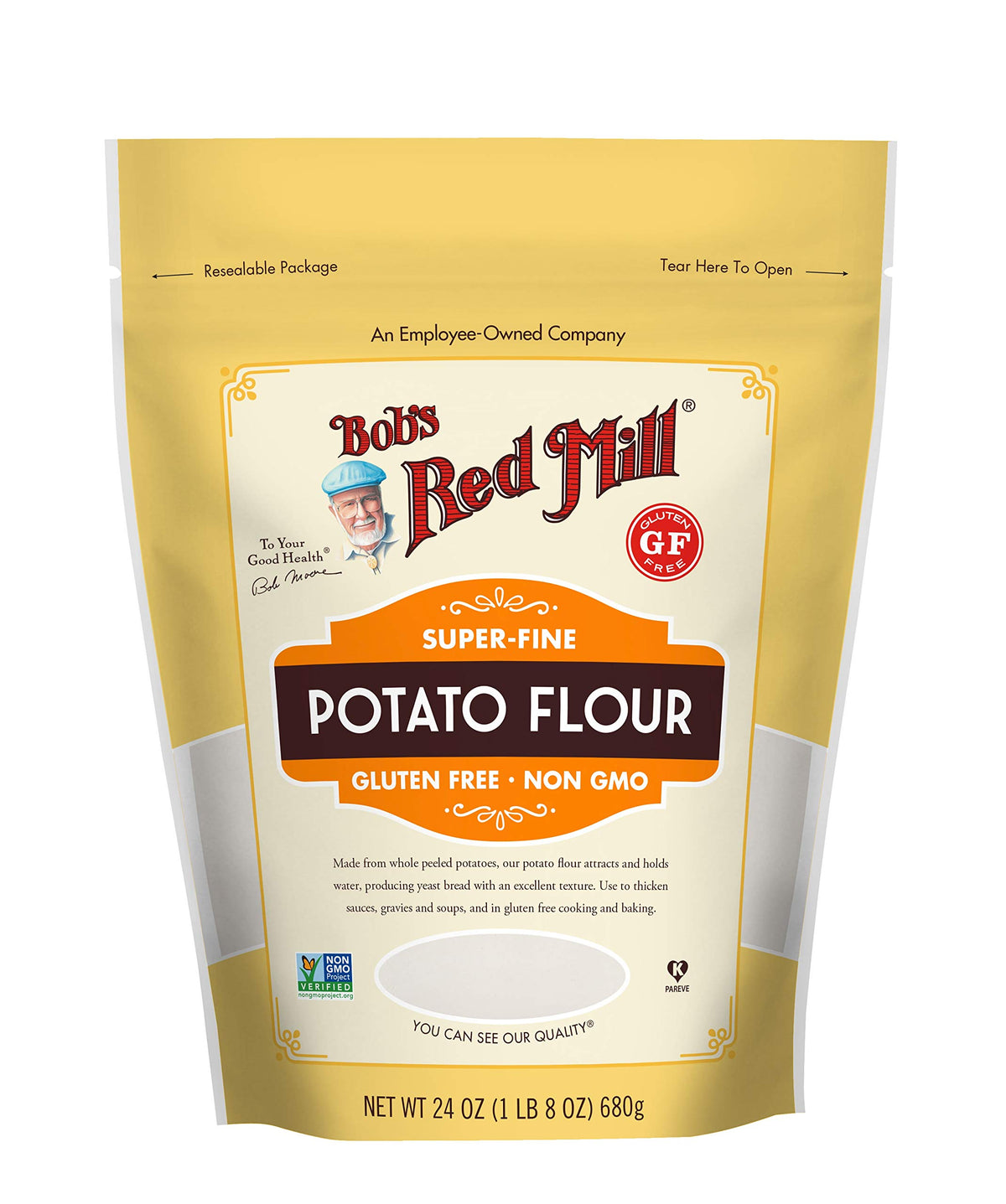 Bob's Red Mill Potato Flour packaging in a 24 oz bag for easy pantry storage.
