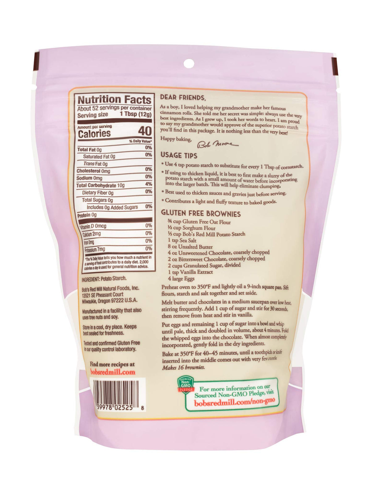Bob’s Red Mill Potato Starch label highlighting gluten-free and non-GMO status