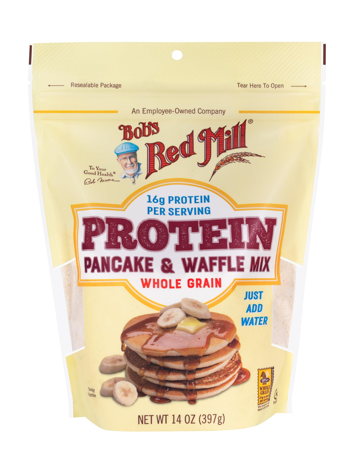 Pouring batter for fluffy pancakes with Bob's Red Mill mix.