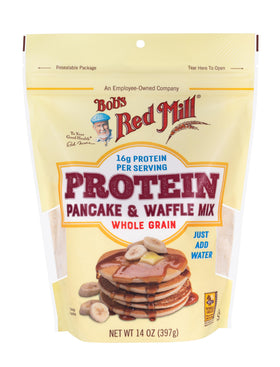Pouring batter for fluffy pancakes with Bob's Red Mill mix.