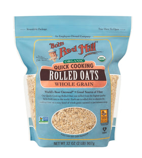 Bob's Red Mill Organic Quick Cooking Rolled Oats in a bowl for a fast breakfast