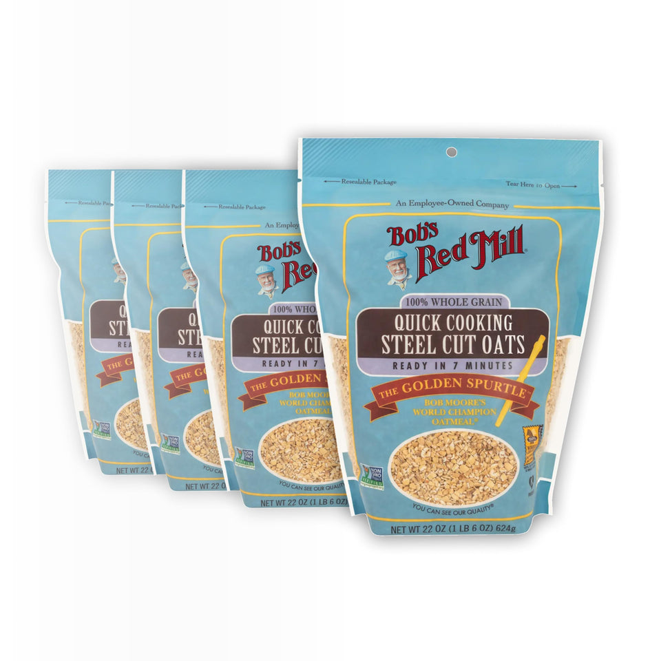 Bob's Red Mill Quick Cooking Steel Cut Oats packaging highlights premium whole grain quality