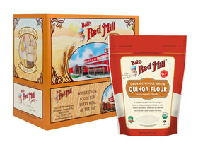 Bob's Red Mill Organic Quinoa Flour in measuring cup for tender baked goods.