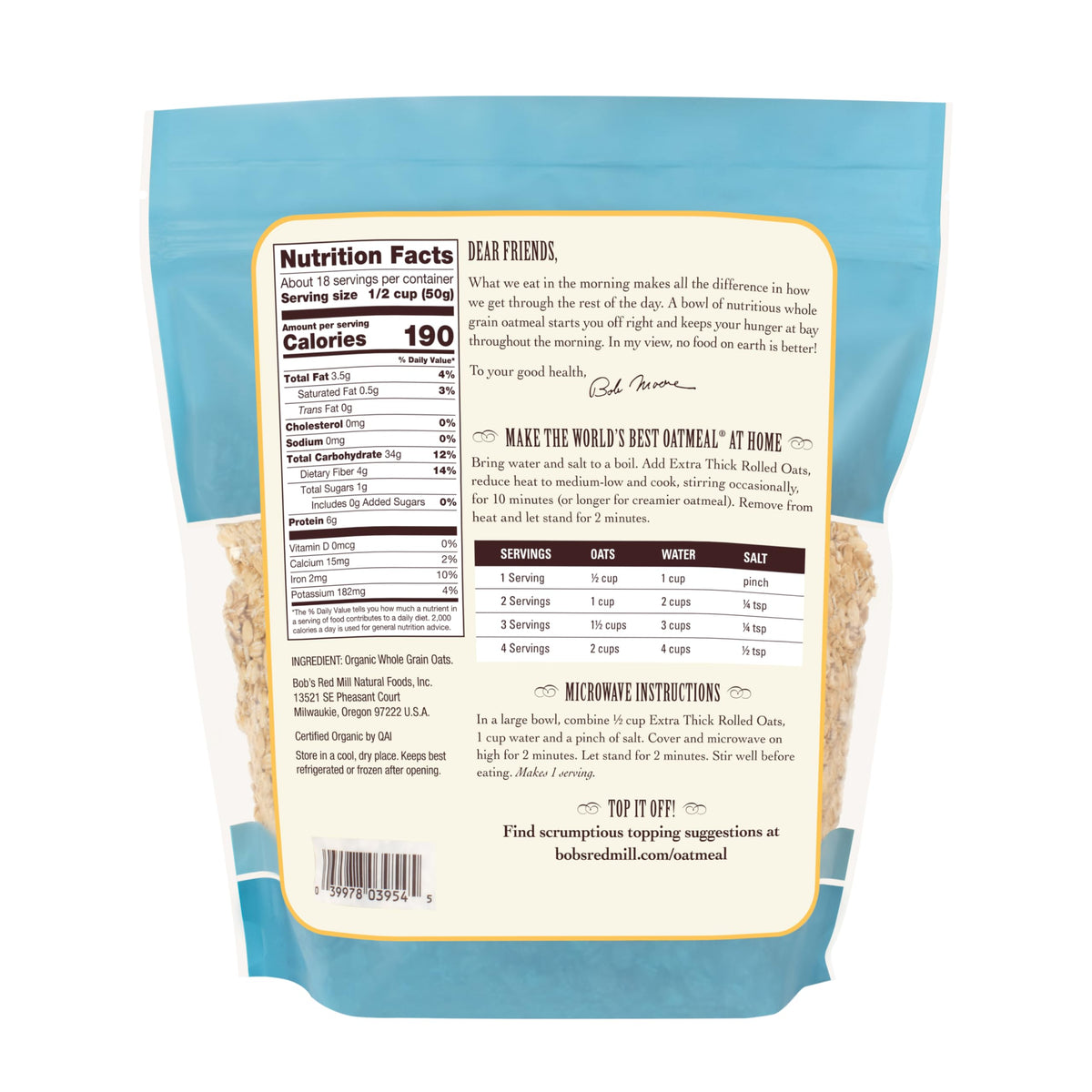 Bob's Red Mill oats ready in 10 minutes via stovetop or microwave