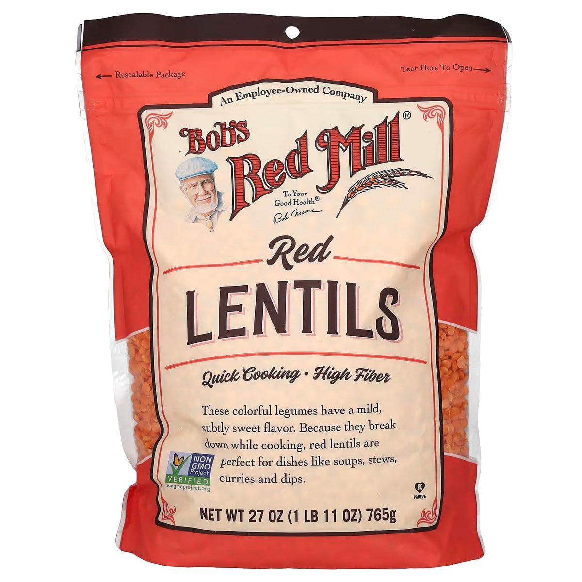 Bob's Red Mill Red Lentils packaging shows vibrant color for quick meals.