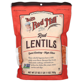 Bob's Red Mill Red Lentils packaging shows vibrant color for quick meals.