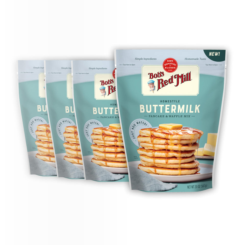 Bob's Red Mill Signature Buttermilk Pancake Mix box front for easy family breakfasts.