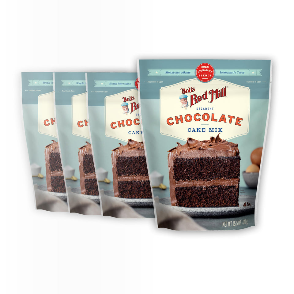 Bob's Red Mill Signature Chocolate Cake Mix front label showing non-GMO and kosher notes.