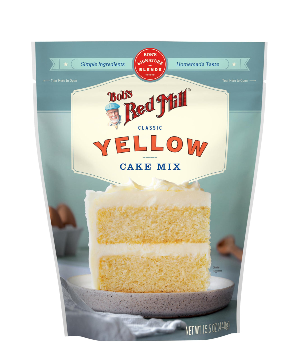 Bob's Red Mill Signature Yellow Cake Mix ingredients panel, pre-measured simplicity for reliable baking.