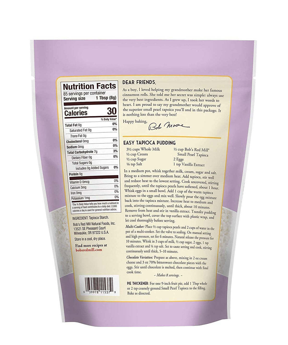 Bob's Red Mill tapioca 24 oz, bag-front close-up for smooth tapioca desserts.