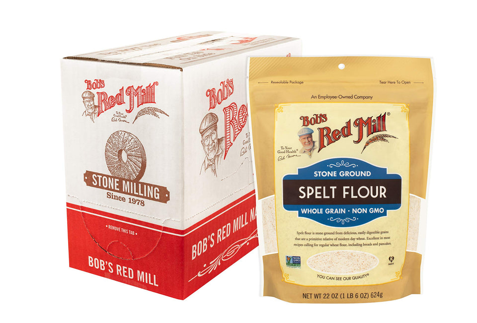 Bob's Red Mill Spelt Flour 22oz bag, fine powder ideal for crusty bread.