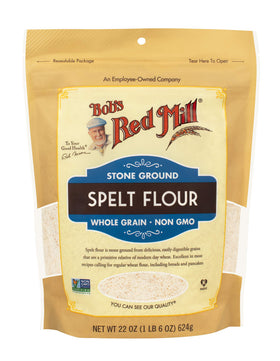 Bob's Red Mill Spelt Flour bowl with dough, perfect for bread and pastries.