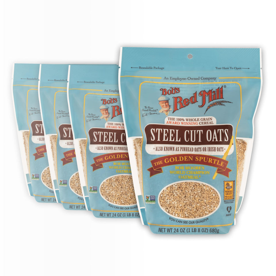 Bob's Red Mill steel cut oats bag closeup highlighting whole grain fiber for a hearty breakfast.