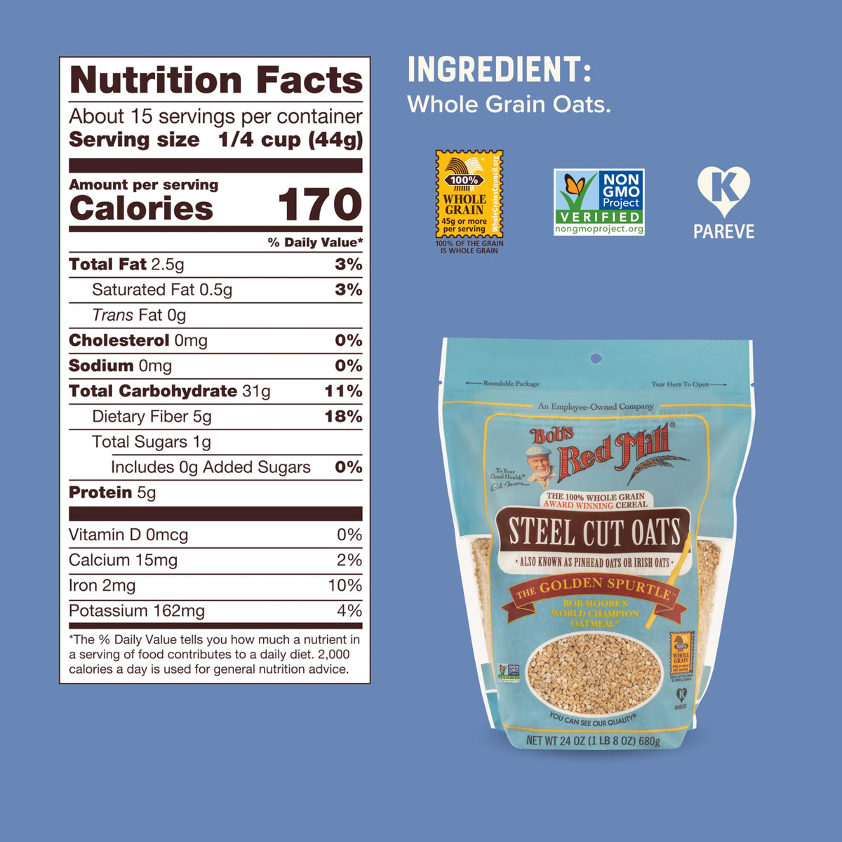 Bob's Red Mill steel cut oats bowl with toppings, customizable texture and flavor.