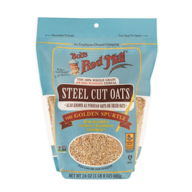 Bob's Red Mill steel cut oats on stove, nourishing breakfast base with plant protein.