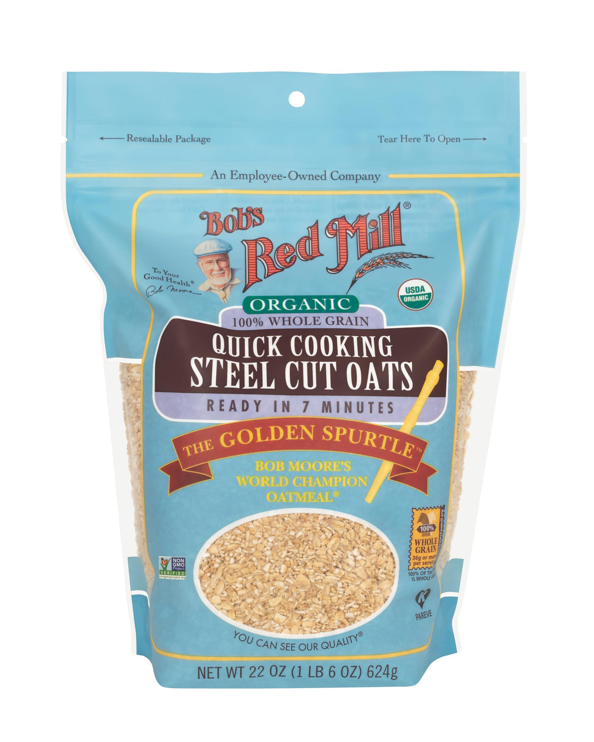 Bob's Red Mill steel cut oats being poured into a bowl to show chewy texture.