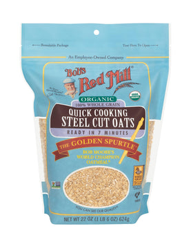 Bob's Red Mill steel cut oats being poured into a bowl to show chewy texture.