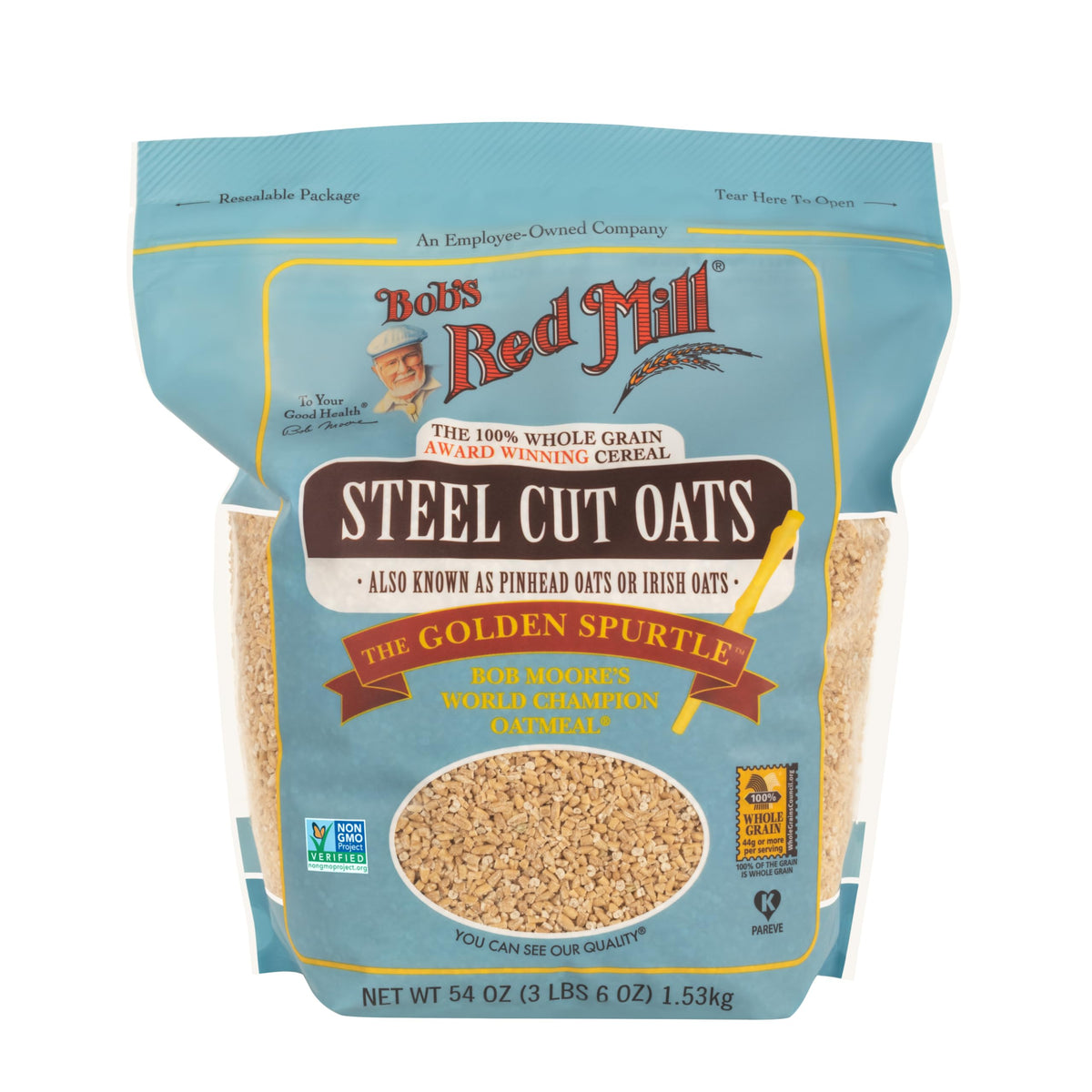 Bob's Red Mill steel cut oats raw close-up highlighting whole grain texture.