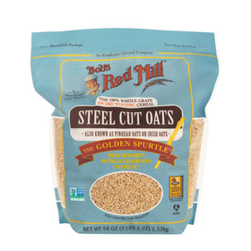 Bob's Red Mill steel cut oats raw close-up highlighting whole grain texture.