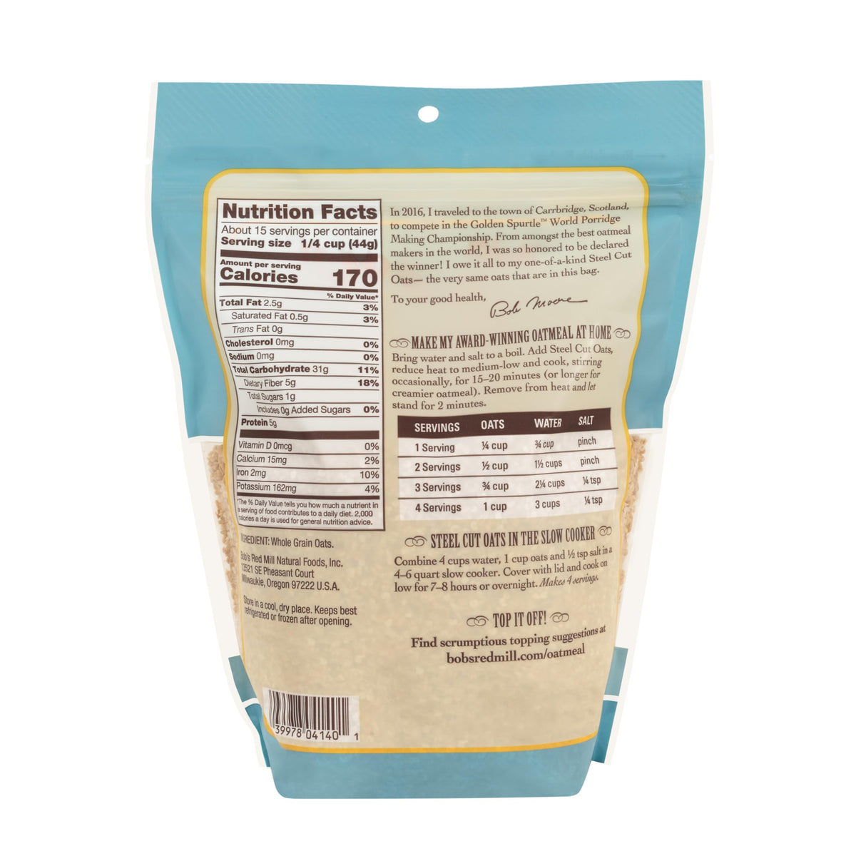 Bob's Red Mill steel cut oats steaming bowl, warm and fiber-rich morning ritual.