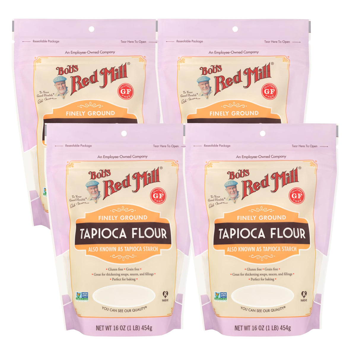 Bob's Red Mill tapioca flour pack front label for gluten-free baking versatility.