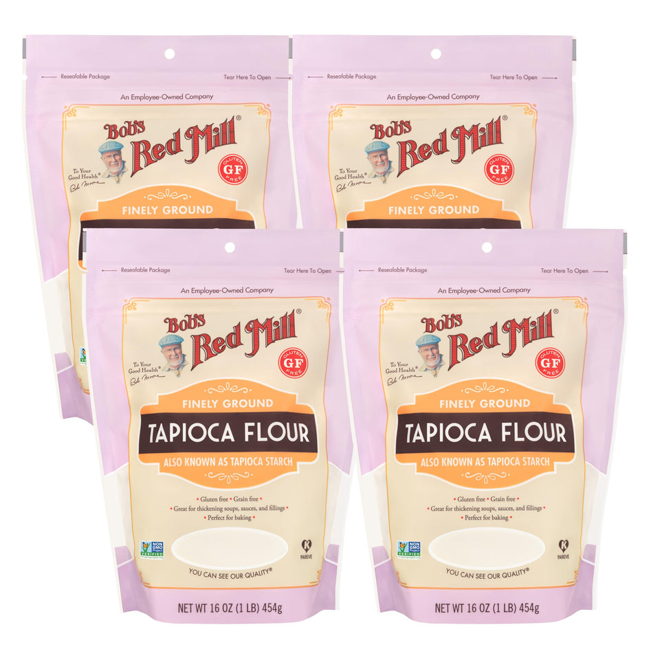 Bob's Red Mill tapioca flour pack front label for gluten-free baking versatility.