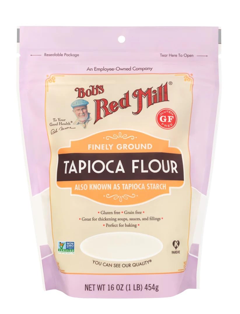 Bob's Red Mill tapioca flour sealed tub highlighting gluten-free thickening potential.
