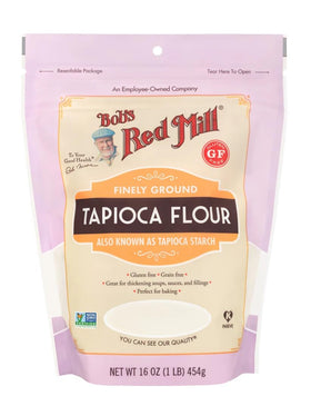 Bob's Red Mill tapioca flour sealed tub highlighting gluten-free thickening potential.