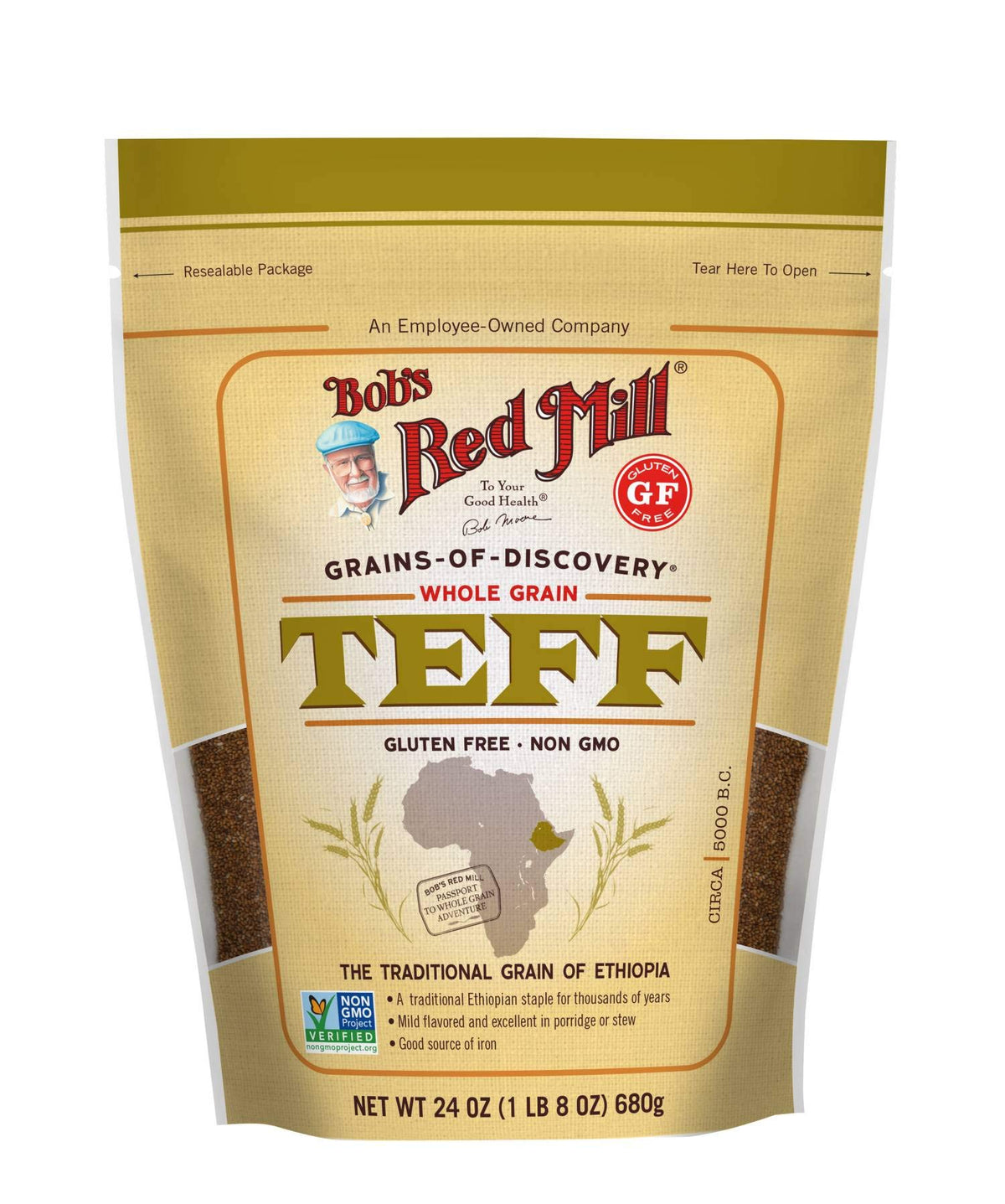 Bob's Red Mill teff grains close-up, tiny protein-rich seeds for versatile cooking.
