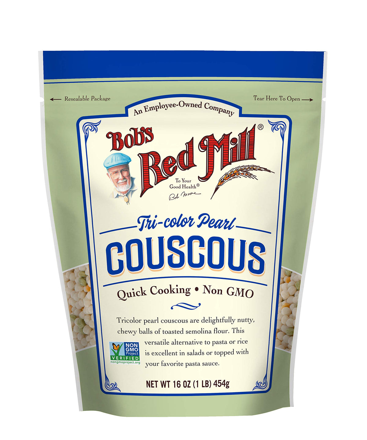 Bob's Red Mill tri-color pearl couscous pack front highlights quick-cooking vegan convenience