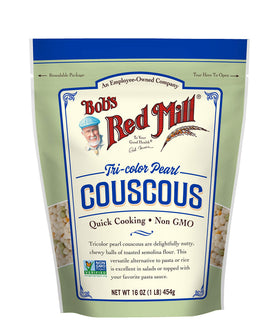 Bob's Red Mill tri-color pearl couscous pack front highlights quick-cooking vegan convenience