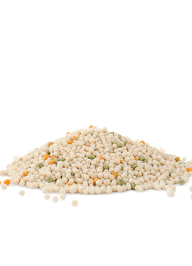 Bob's Red Mill raw grains closeup shows colorful spinach and tomato pearls