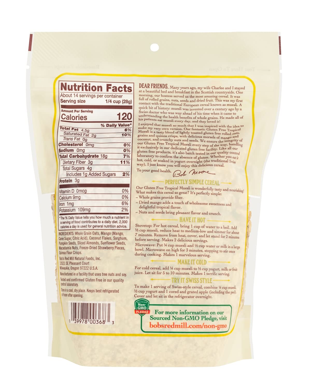 Bob's Red Mill Tropical Muesli with real dried mango and strawberries for tropical flavor.